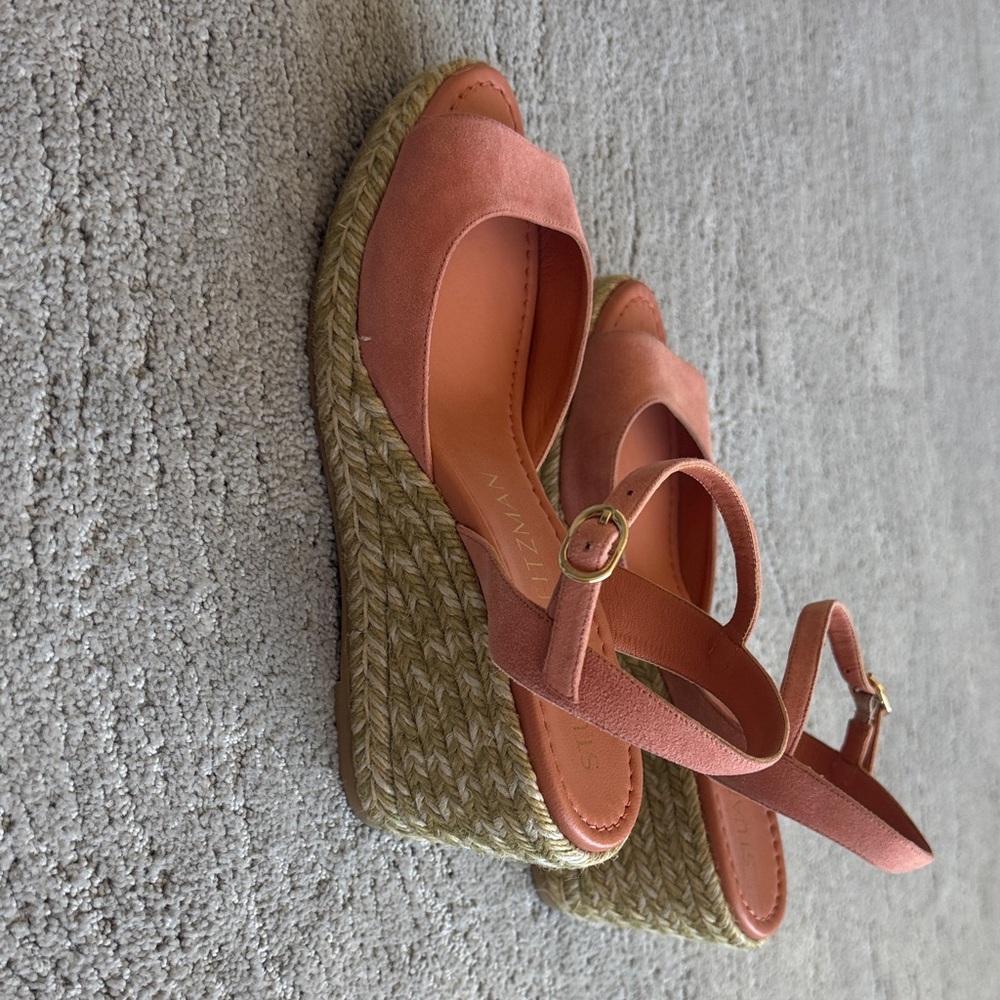 Stuart Weitzman Coral Suede Espadrille Wedge Sandals with Ankle Strap - Picture 4 of 5